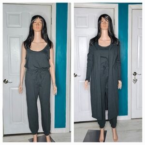 Two Piece Dark Green Sleeveless Jumpsuit With Cardigan